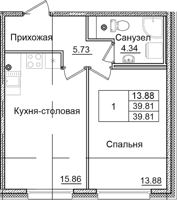 1-комнатная квартира 39.81 м², 2/9 эт., ЖК «Квартал Заречье»
